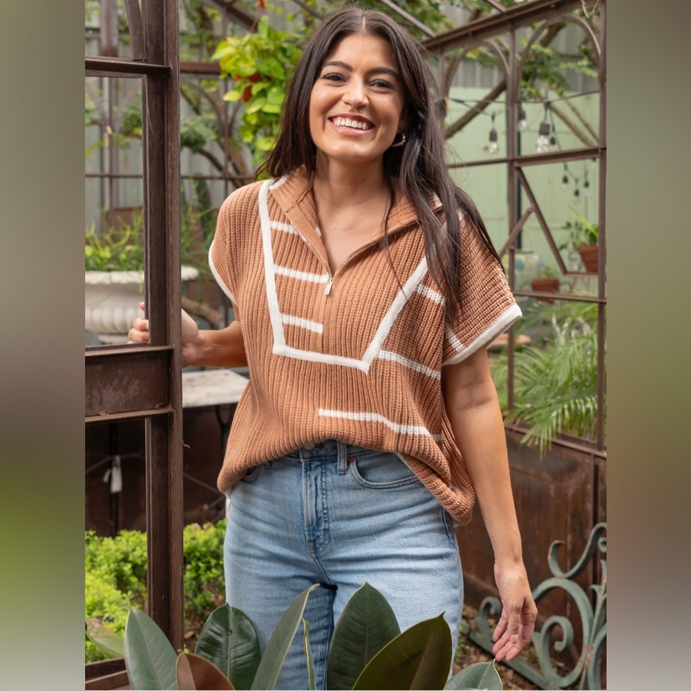 🛍️NWT New York & Company XXL Tan/Brown and White Half-Zip Striped Oversi…